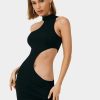 Best * Solado Asymmetrical Neck Cut Out Drawstring Mini Dress Black