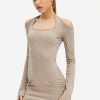 Clearance * Solado Halter Neck Cold Shoulder Long Sleeve Mini Dress Tan