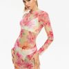 Online * Solado Floral Print Mesh Long Sleeve Mini Dress Without Underwear Pink