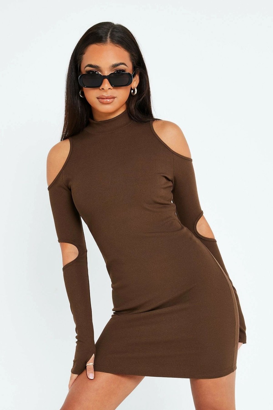 Best * Solado Cold Shoulder Long Sleeve Solid Mini Dress Brown