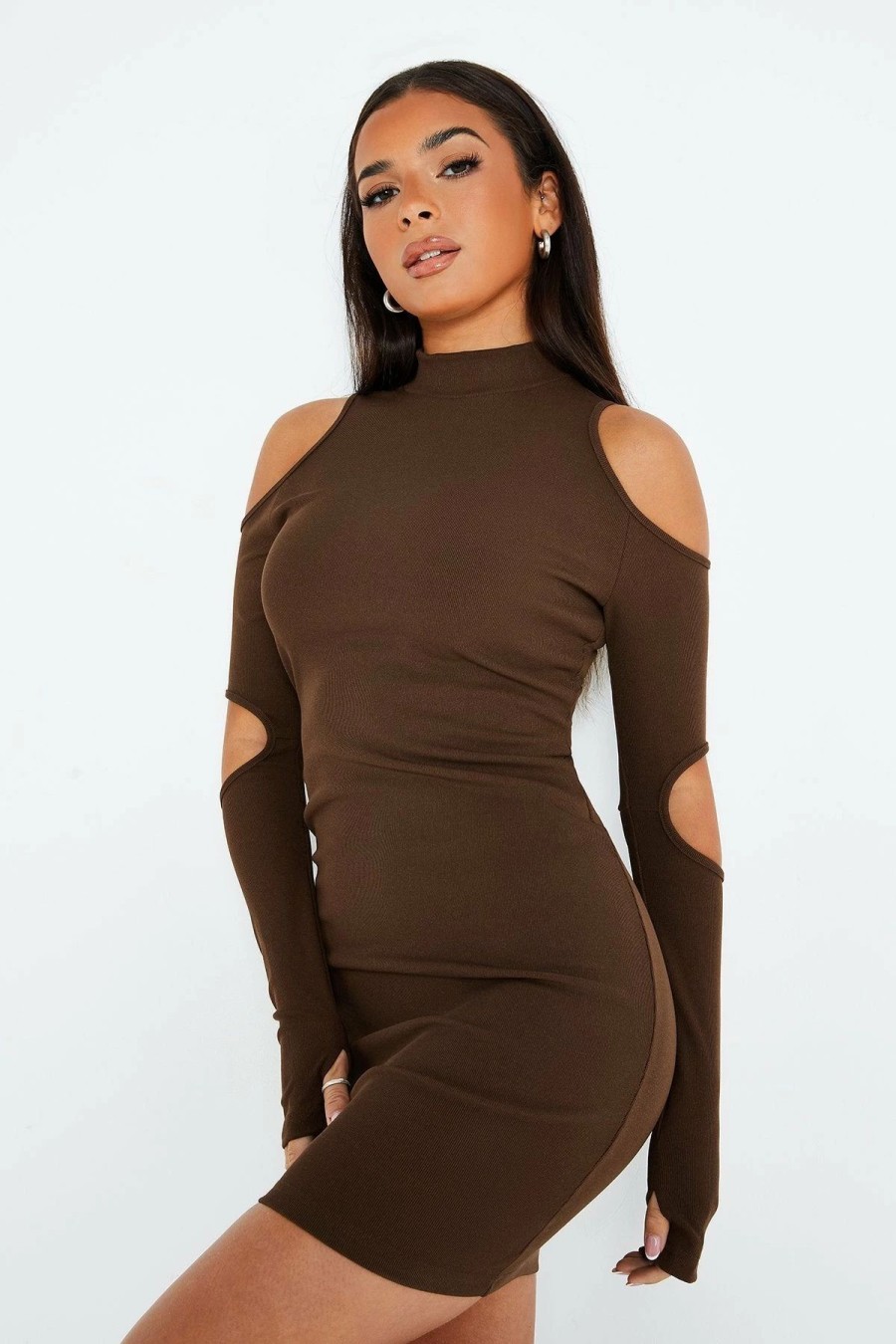 Best * Solado Cold Shoulder Long Sleeve Solid Mini Dress Brown