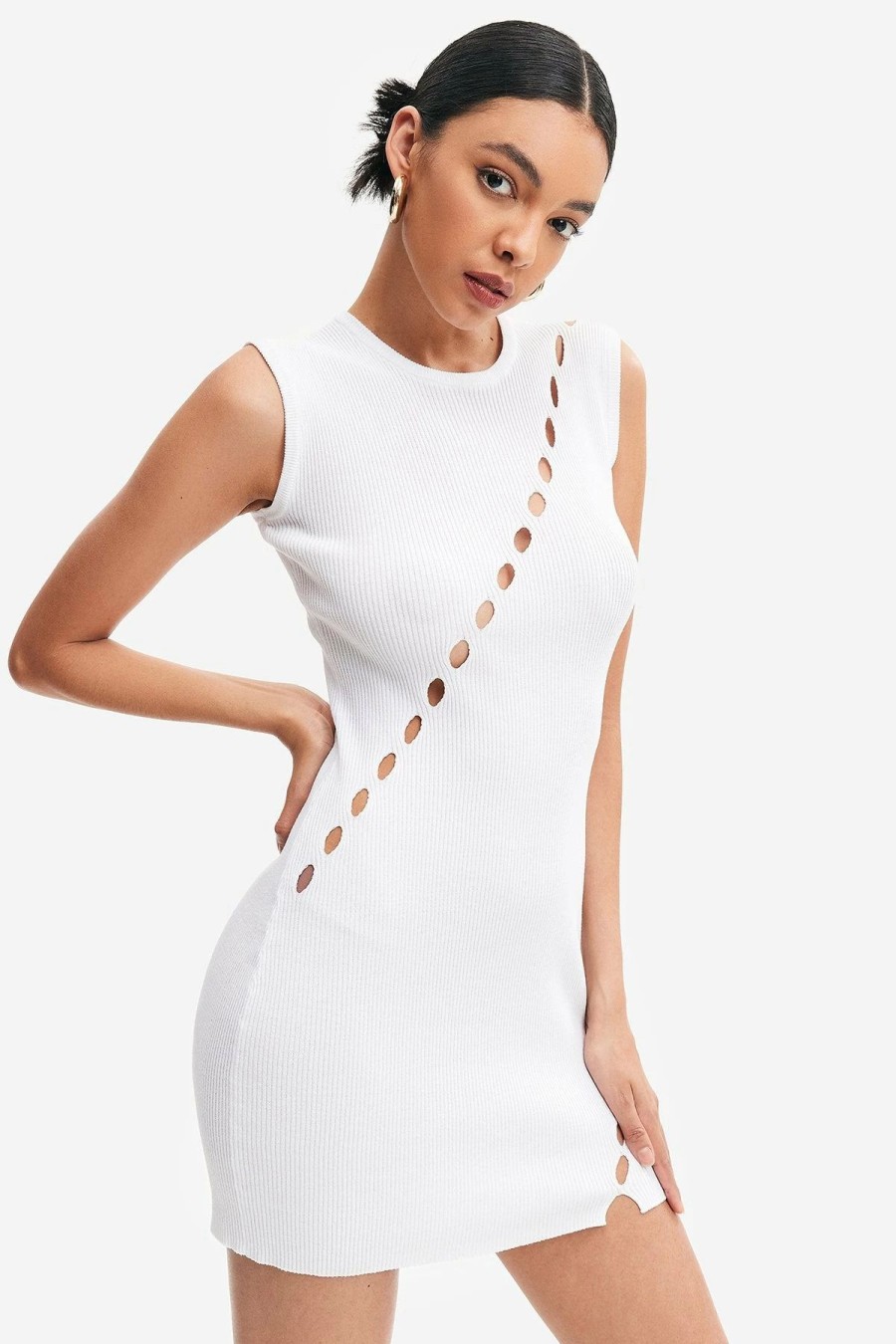 Clearance * Solado Ribbed Knit Cut Out Sleeveless Mini Dress White