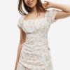 Hot * Solado Square Neck Floral Print Puff Sleeve Ruffle Mini Dress White