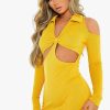 Best * Solado Cold Shoulder Cut Out Ribbed Long Sleeve Mini Dress Yellow