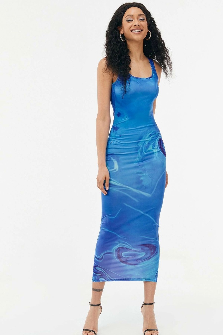 Best * Solado Swirl Print Backless Bodycon Maxi Dress Dodgerblue