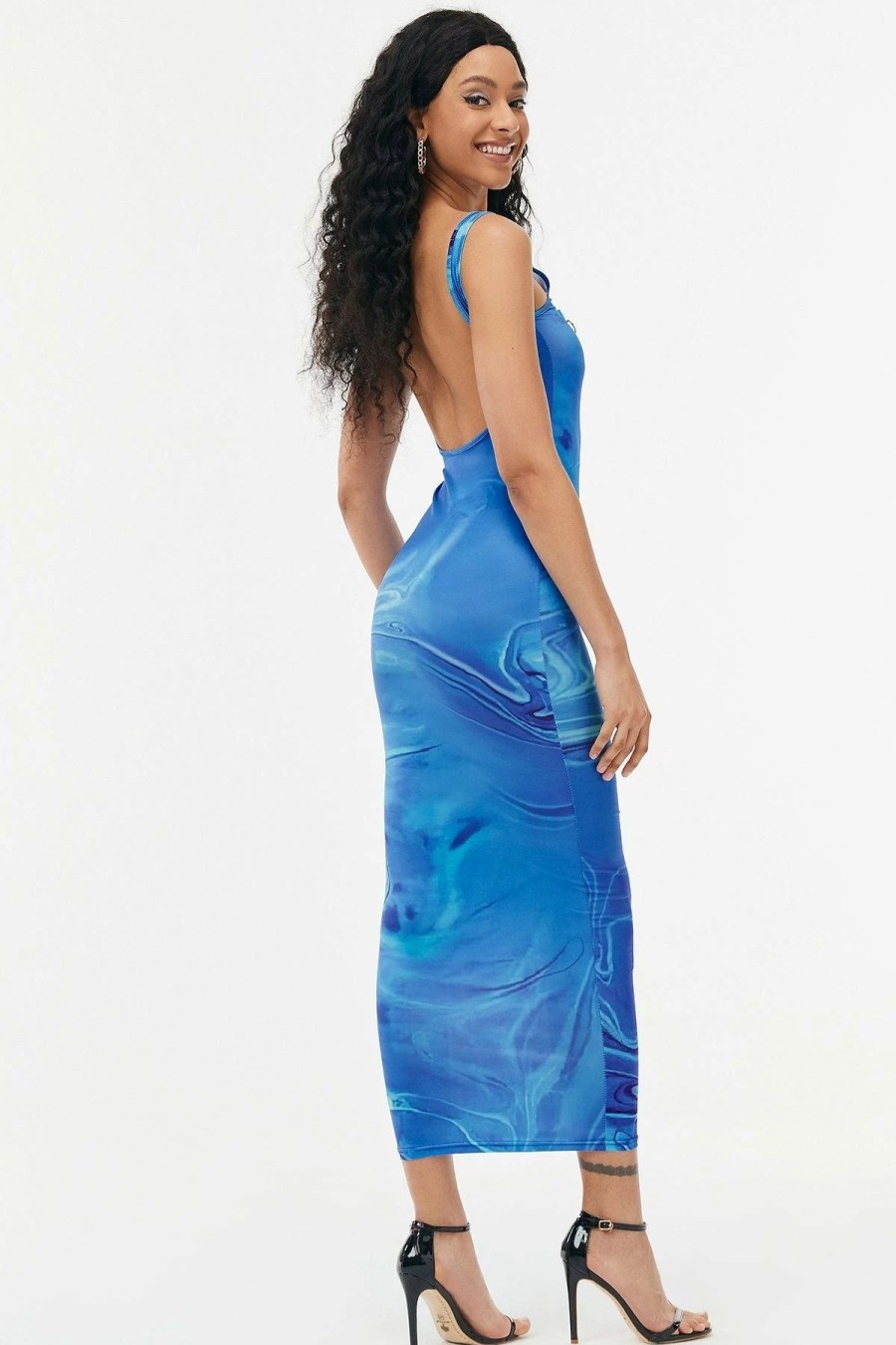 Best * Solado Swirl Print Backless Bodycon Maxi Dress Dodgerblue