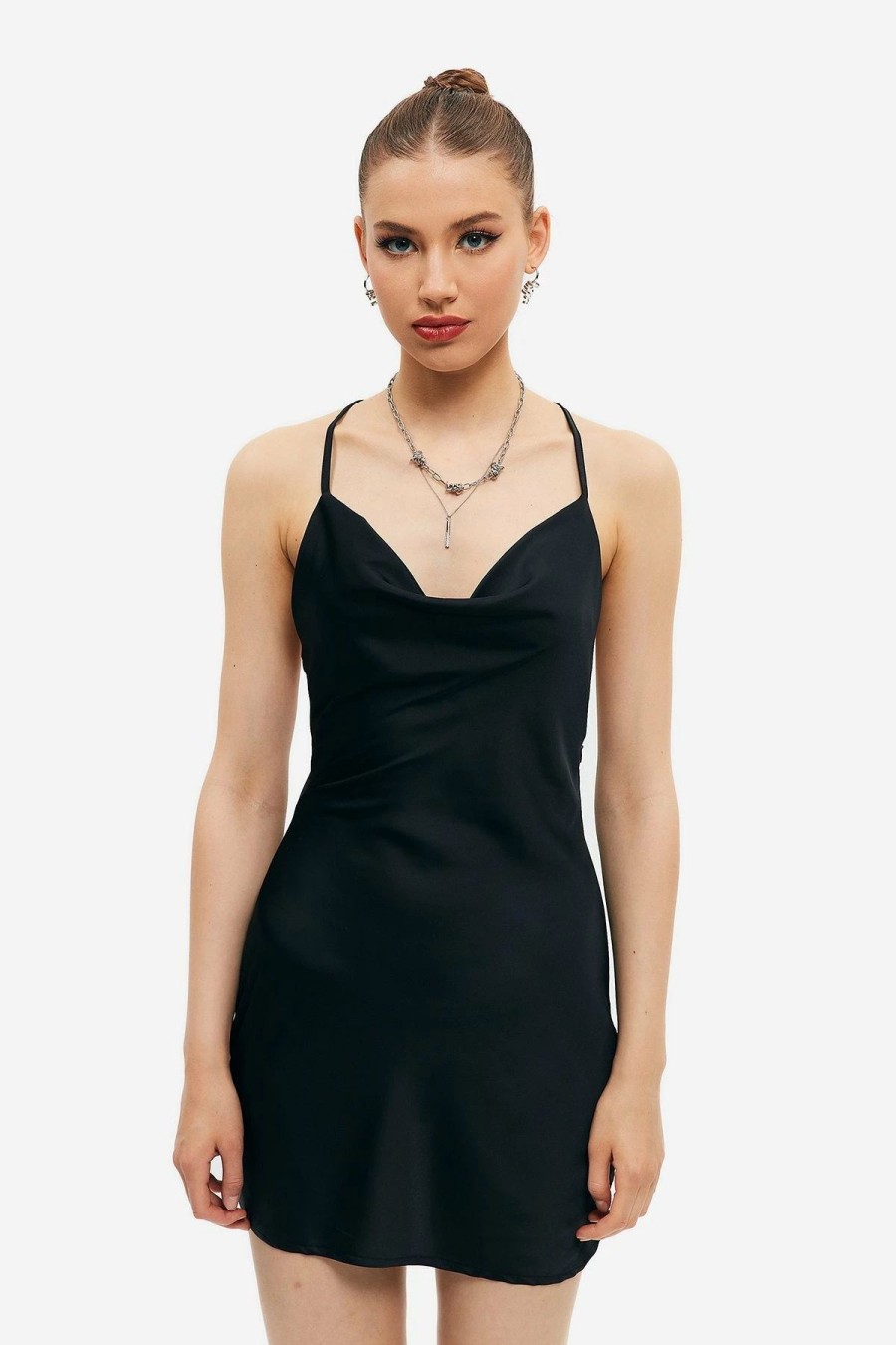 Online * Solado Satin Backless Cowl Neck Solid Mini Dress Black