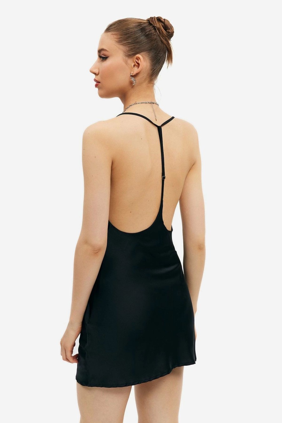 Online * Solado Satin Backless Cowl Neck Solid Mini Dress Black