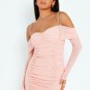 Online * Solado Cold Shoulder Rhinestone Decor Mesh Mini Dress Pink