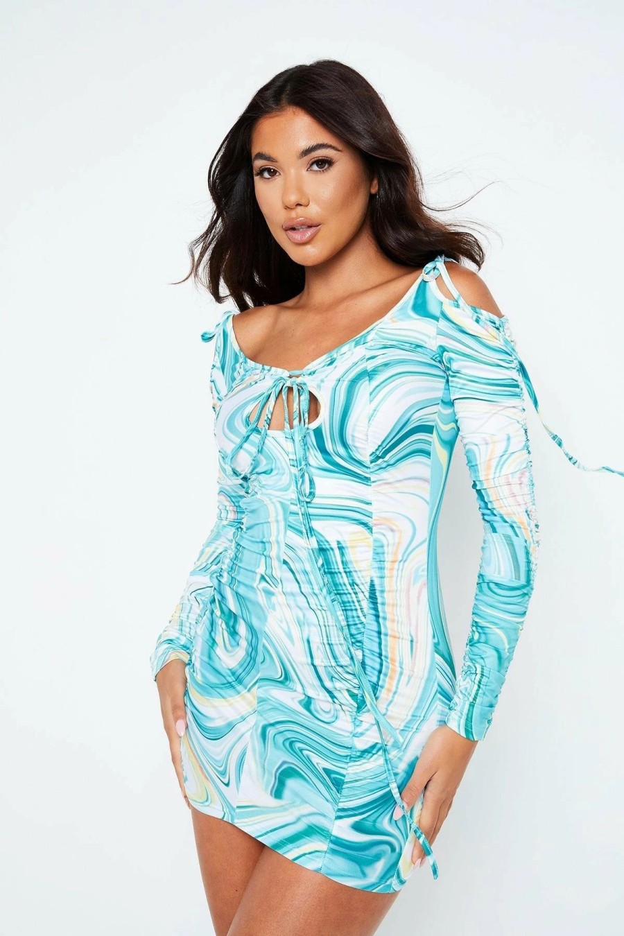 Best * Solado Cold Shoulder Cut Out Swirl Print Mini Dress Aqua