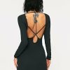 Best * Solado Open Back Rhinestone Decor Long Sleeve Mini Dress Black