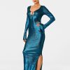 Best * Solado Plunging Neck Tie Front Split Hem Sheen Maxi Dress Steelblue