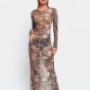 Hot * Solado Abstract Print Split Hem Mesh Long Sleeve Maxi Dress Brown