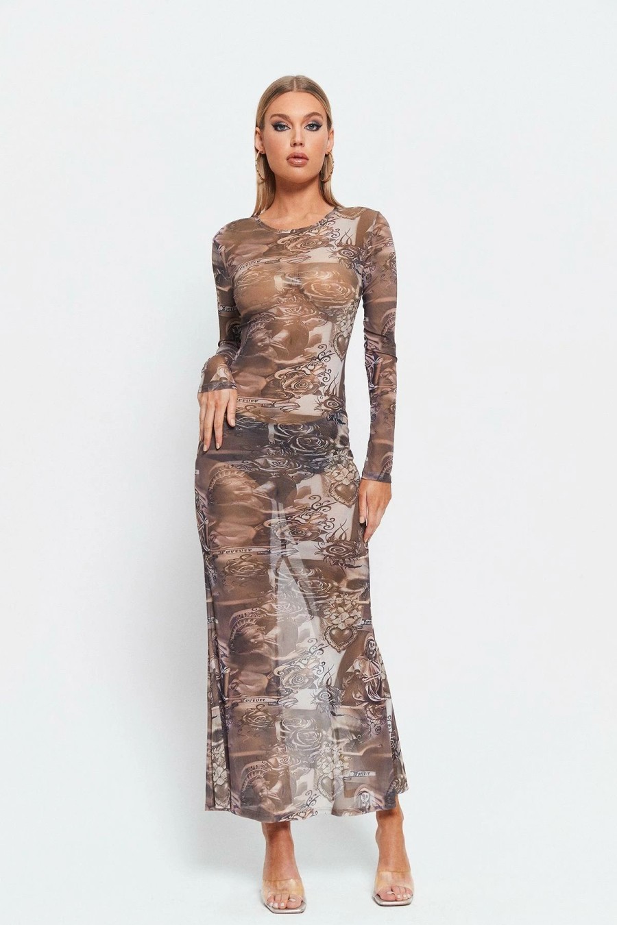 Hot * Solado Abstract Print Split Hem Mesh Long Sleeve Maxi Dress Brown