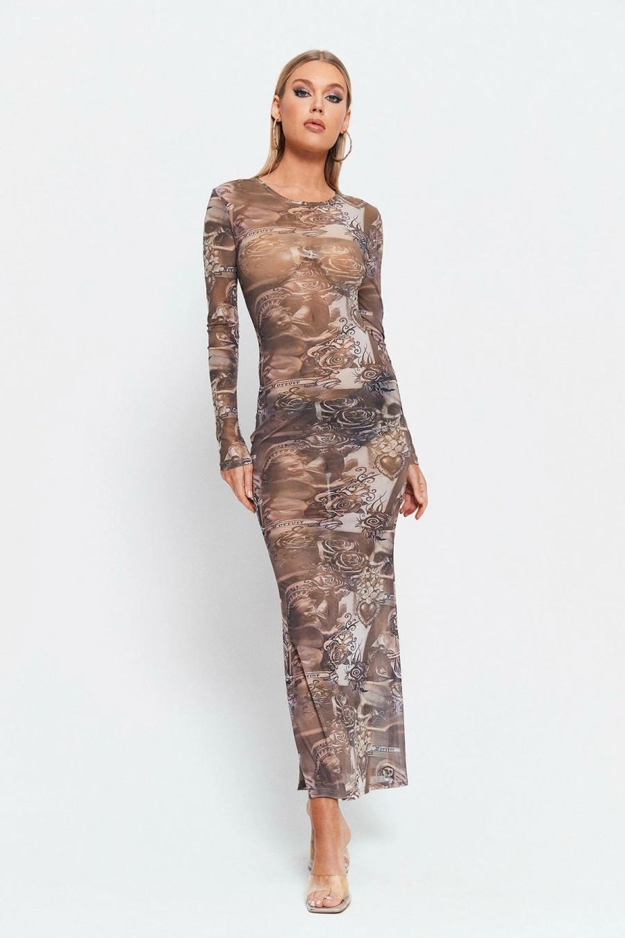 Hot * Solado Abstract Print Split Hem Mesh Long Sleeve Maxi Dress Brown