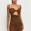 Clearance * Solado Cut Out Ruched Mesh Splicing Mini Dress Brown