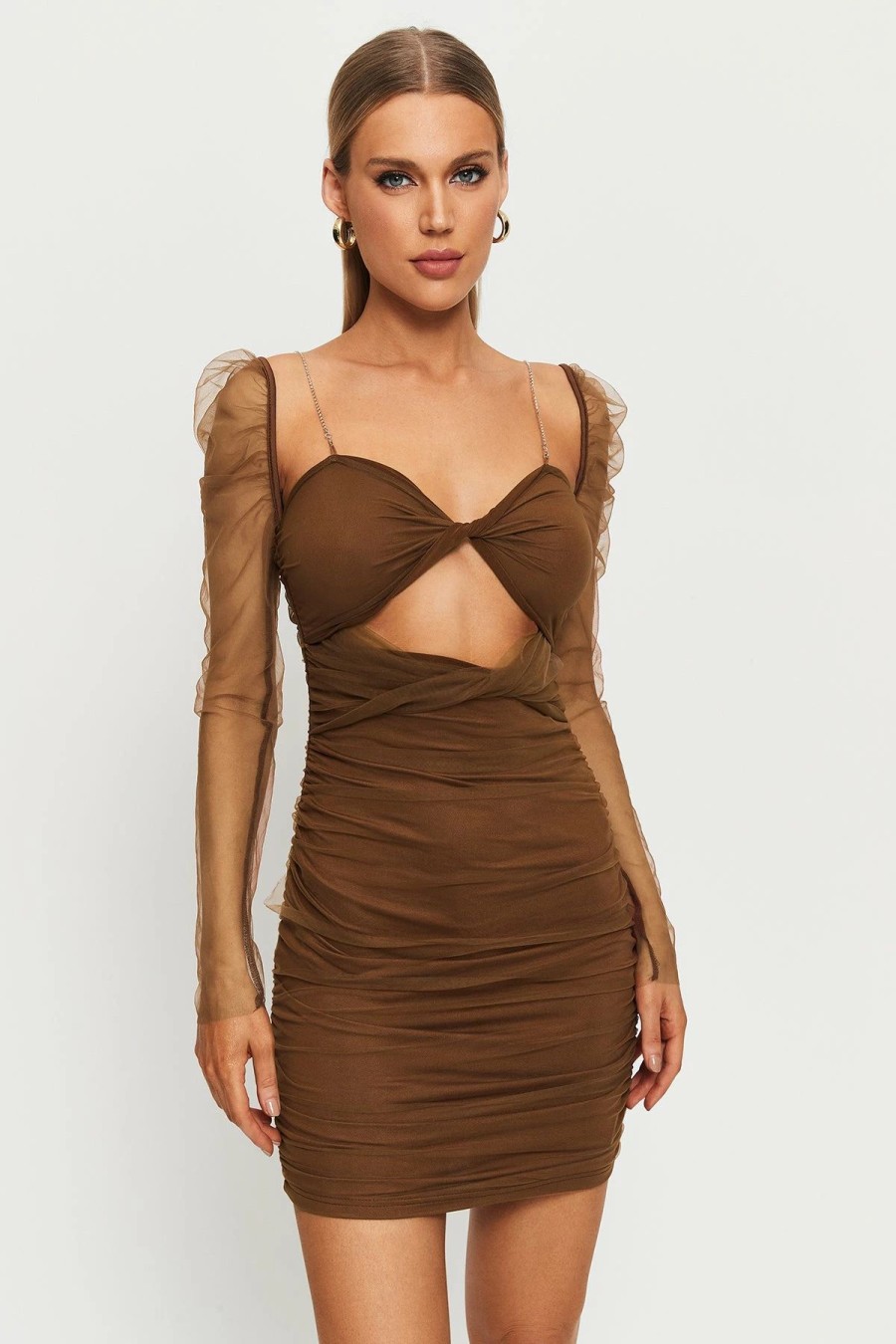 Clearance * Solado Cut Out Ruched Mesh Splicing Mini Dress Brown