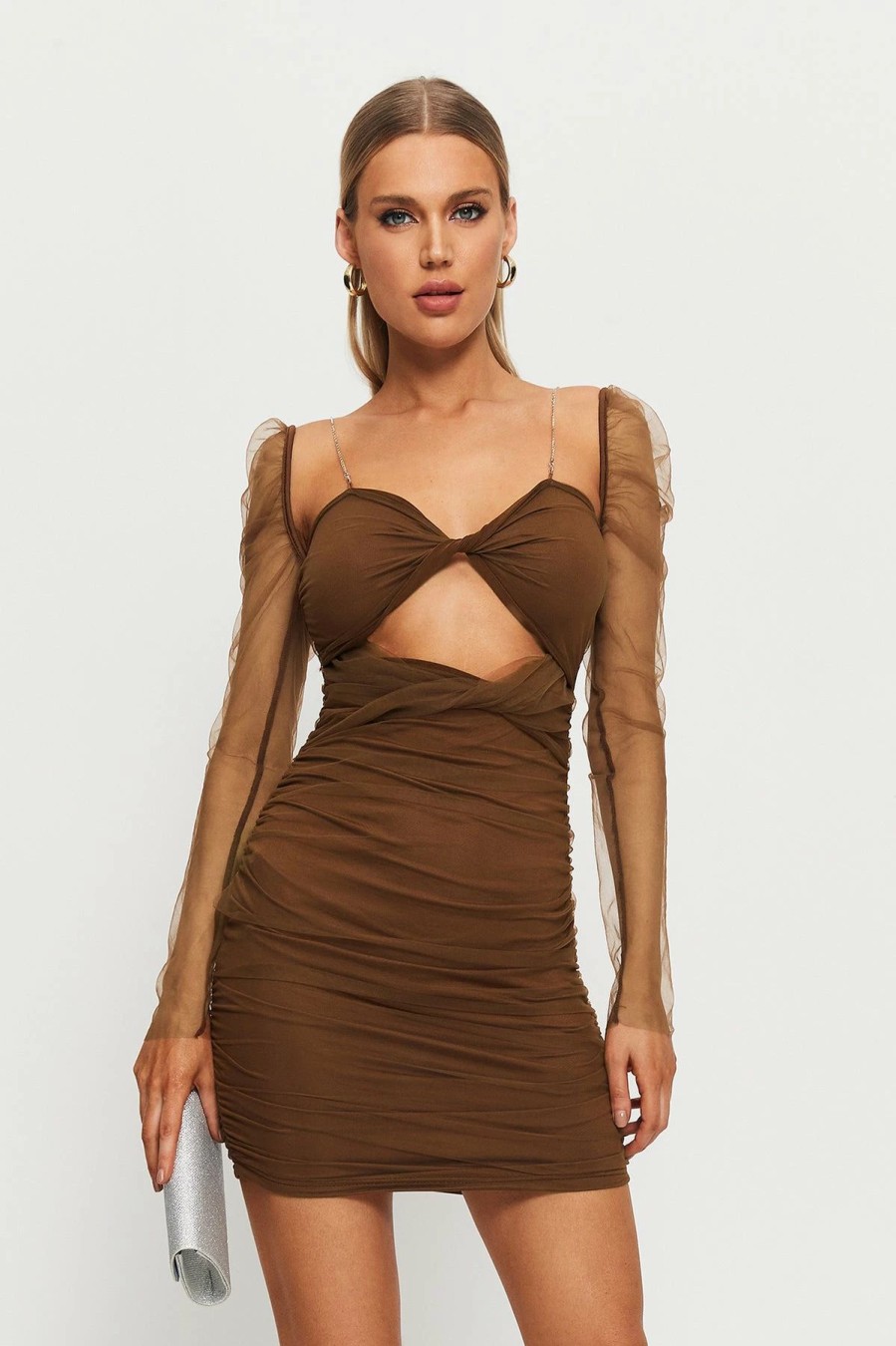 Clearance * Solado Cut Out Ruched Mesh Splicing Mini Dress Brown