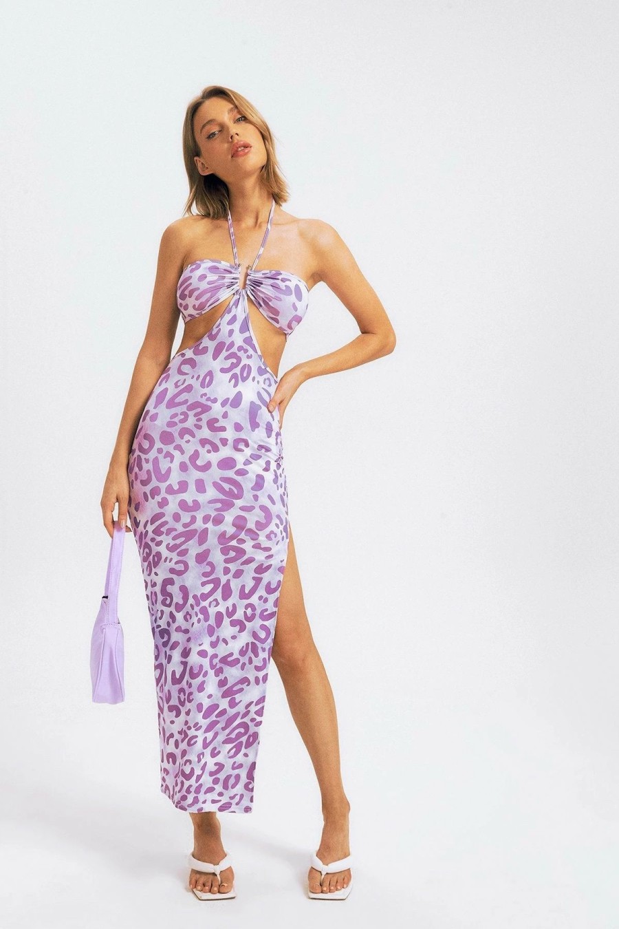 Wholesale * Solado Leopard Print Cut Out Side Split Maxi Dress Plum