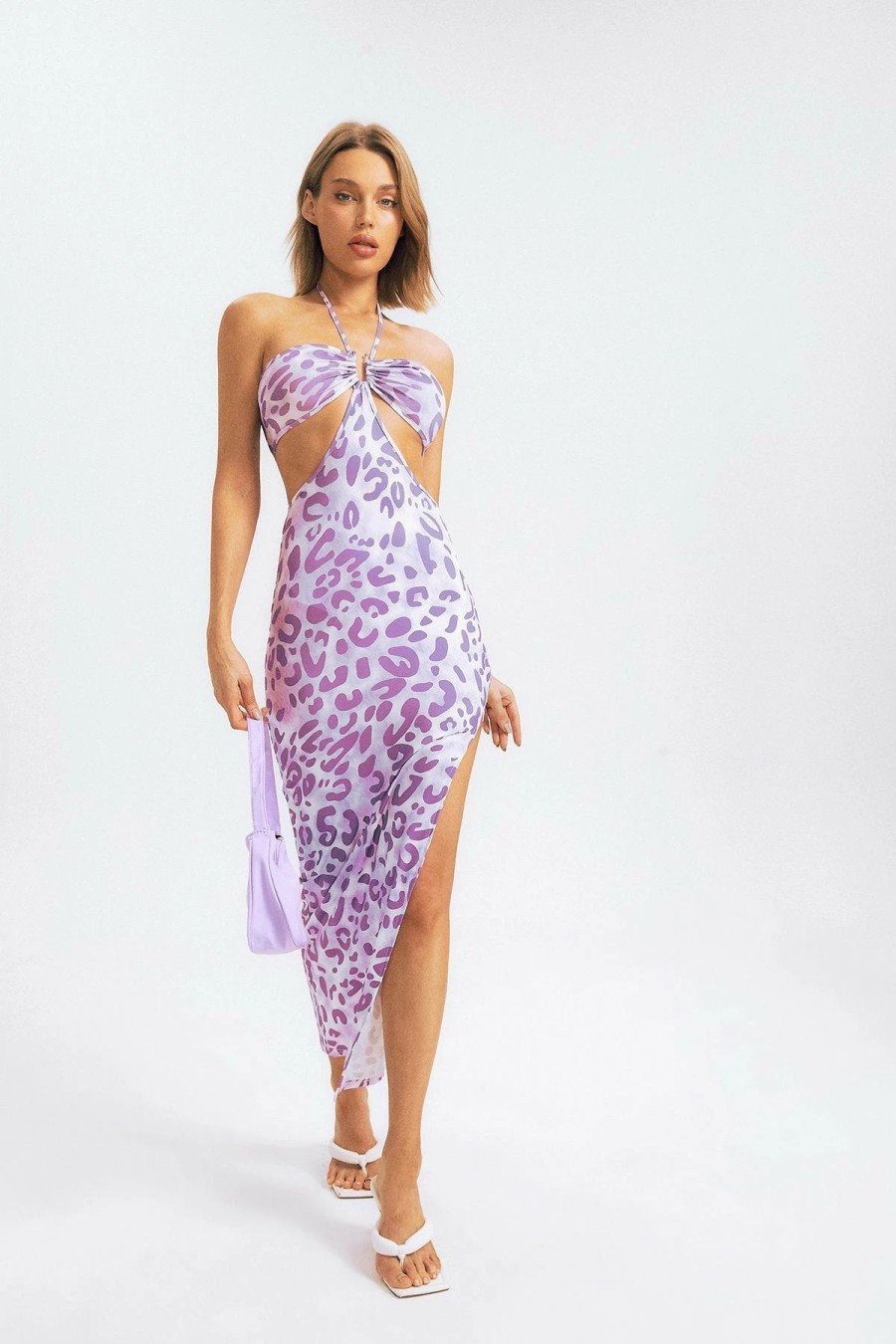 Wholesale * Solado Leopard Print Cut Out Side Split Maxi Dress Plum