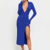 Hot * Solado Plunging Neck Split Hem Cinched Waist Midi Dress Mediumblue