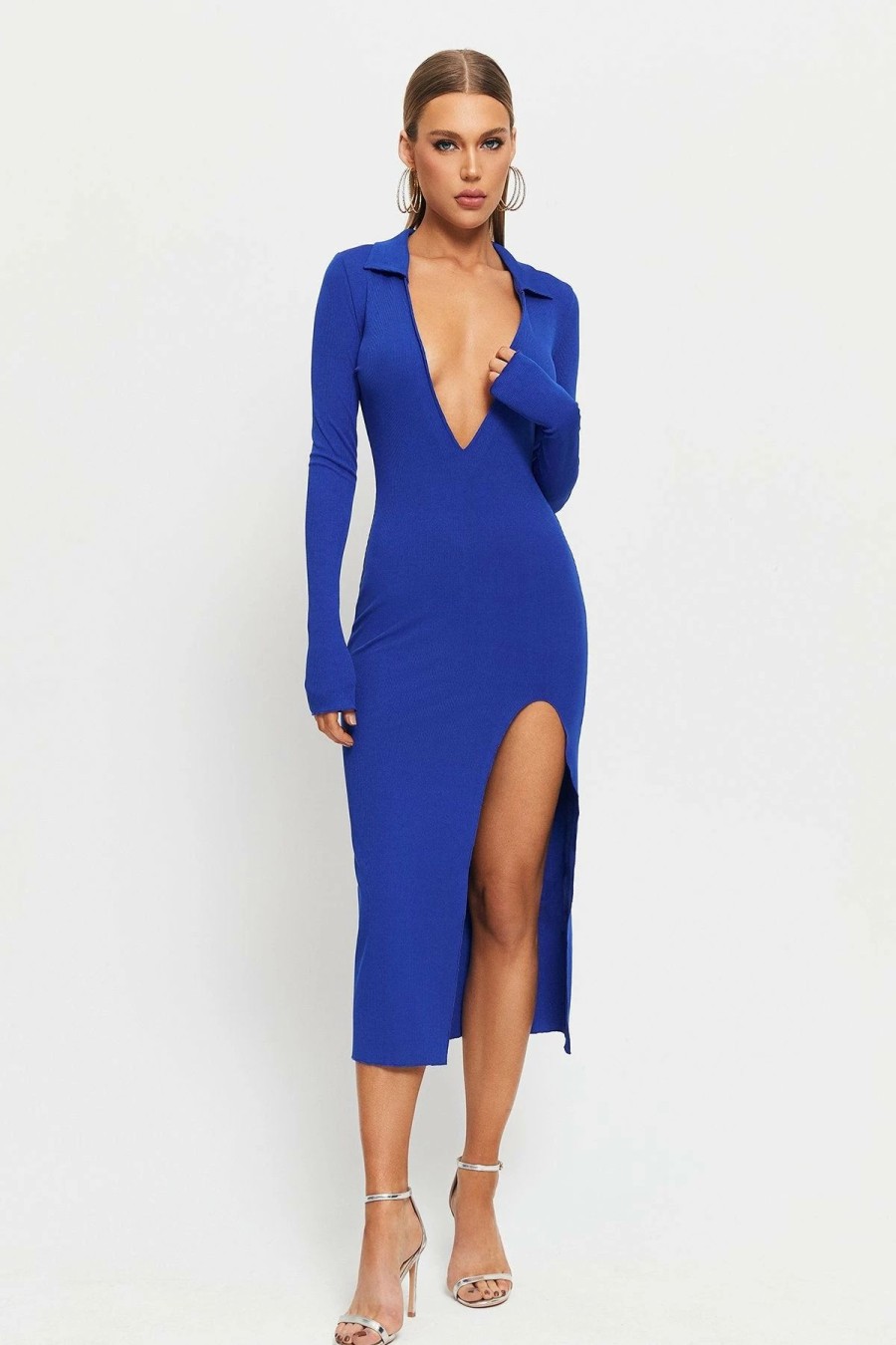 Hot * Solado Plunging Neck Split Hem Cinched Waist Midi Dress Mediumblue