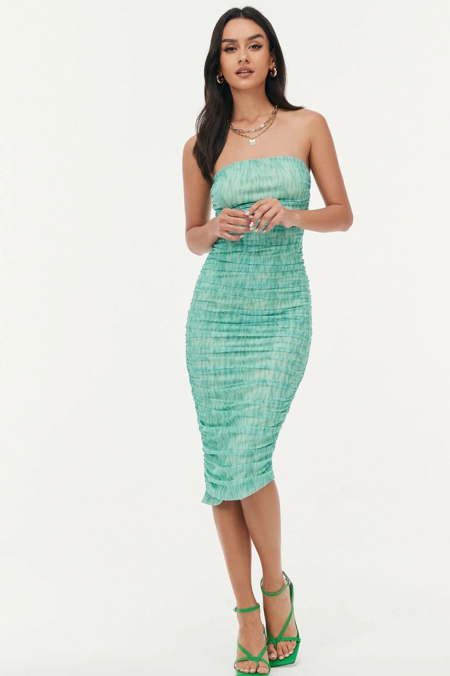 Best * Solado Abstract Print Mesh Splicing Tube Midi Dress