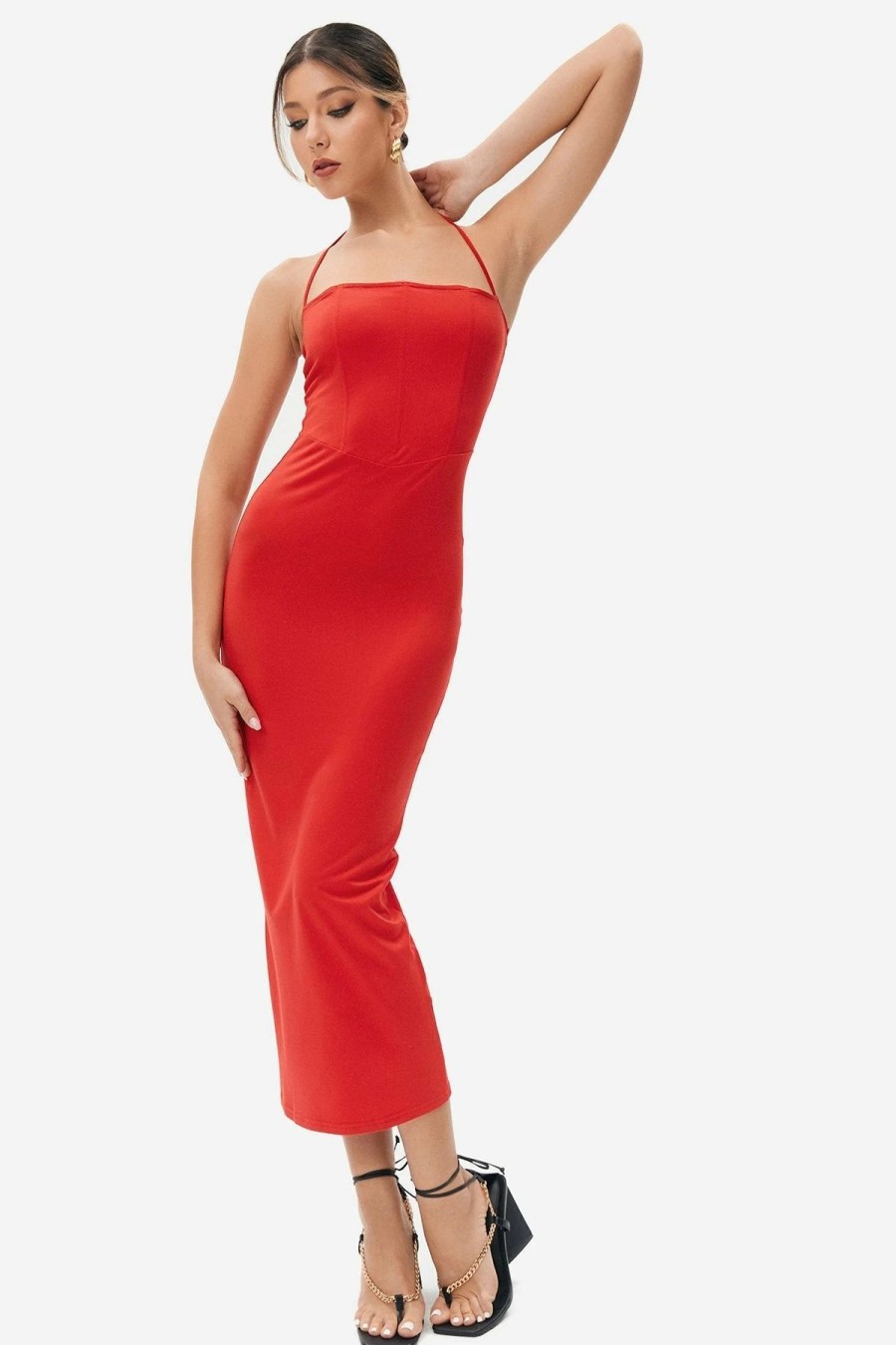 Best * Solado Halter Neck Backless Boning Bodycon Maxi Dress Red