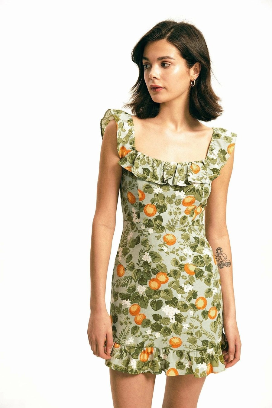 Clearance * Solado Square Neck Floral Print Ruffle Mini Dress Olive