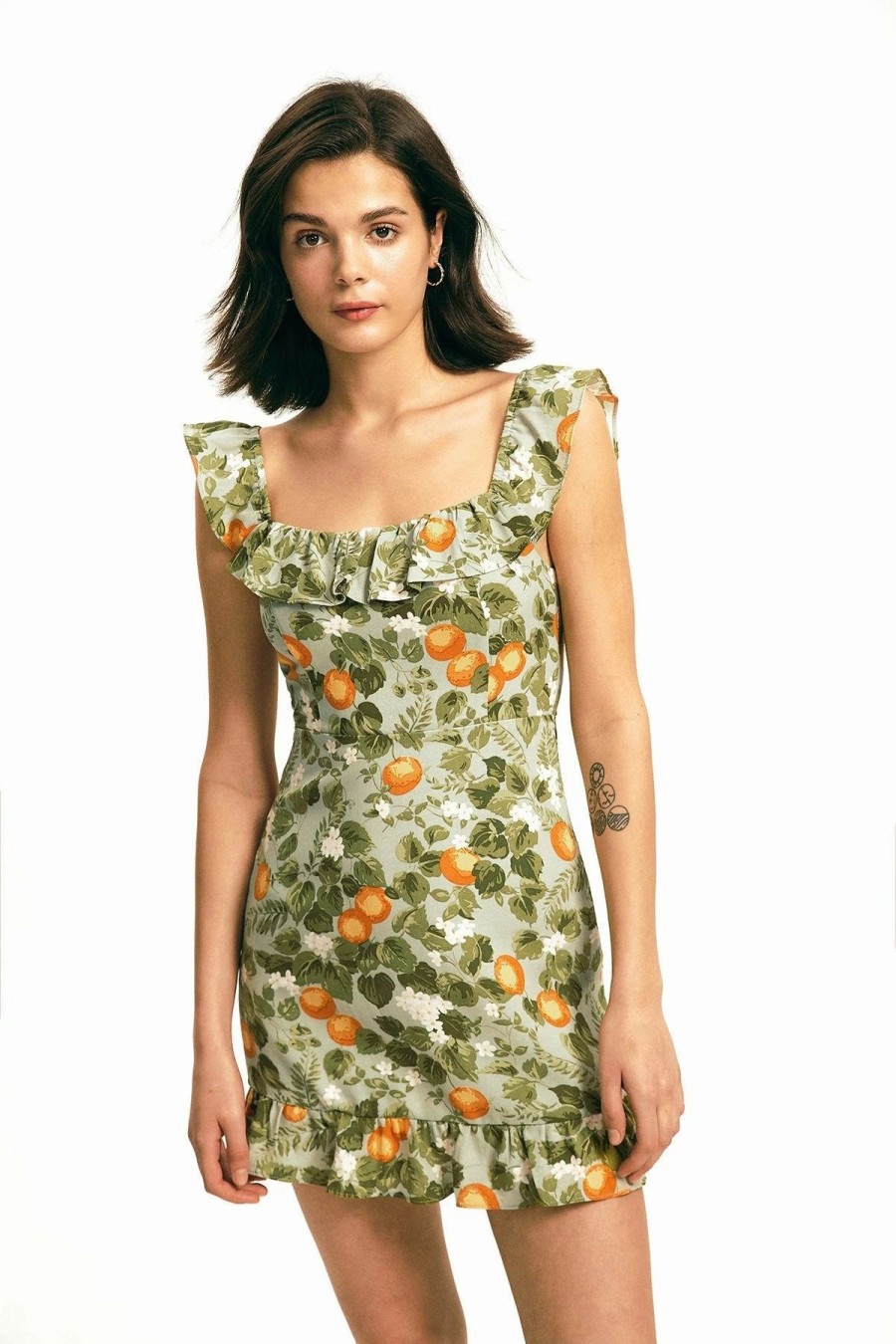 Clearance * Solado Square Neck Floral Print Ruffle Mini Dress Olive