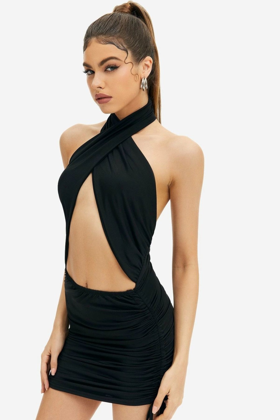 Online * Solado Cross Wrap Cut Out Drawstring Ruched Backless Mini Dress Black