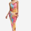 Hot * Solado Cowl Neck Abstract Print Mesh Maxi Dress Without Underwear Pink