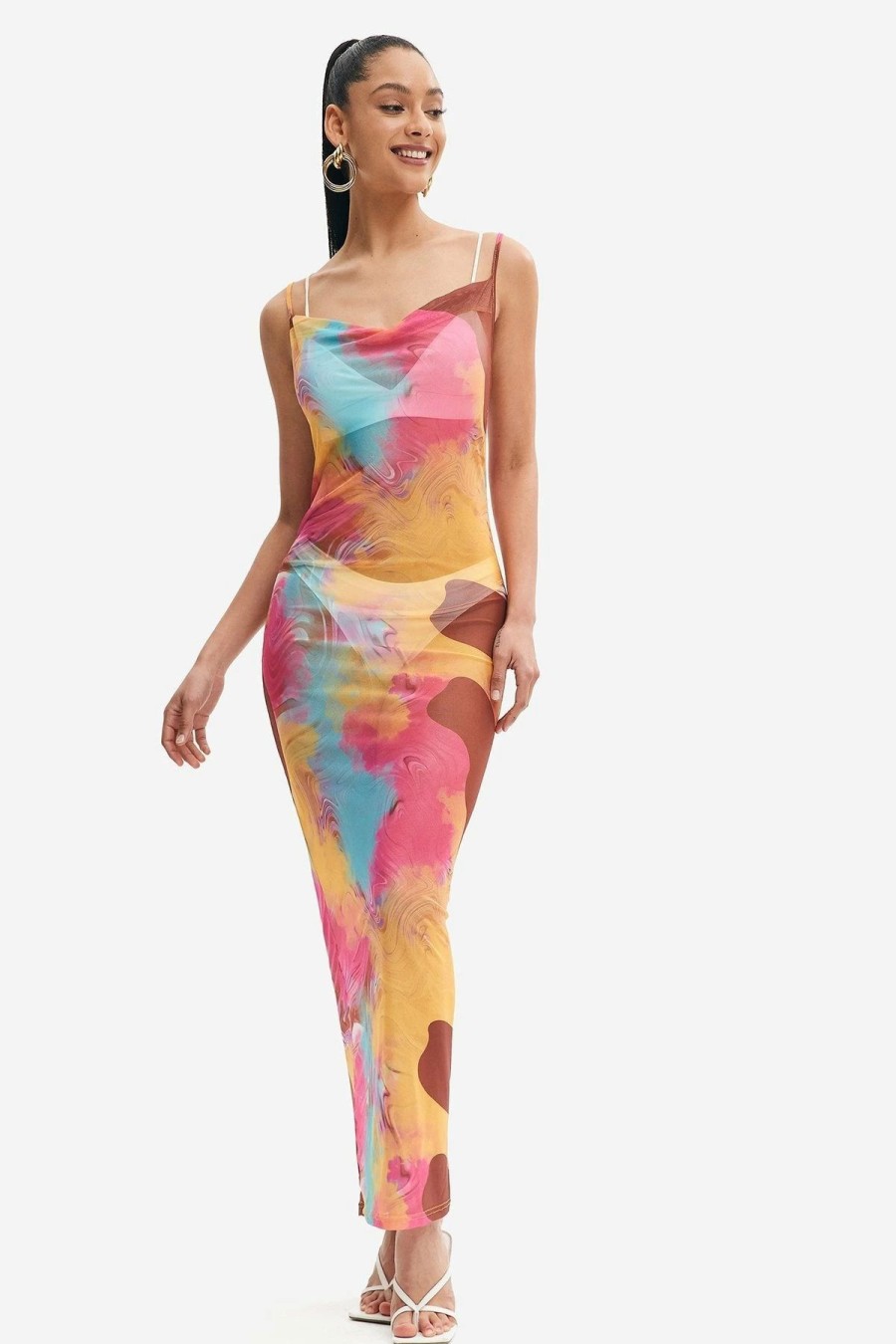 Hot * Solado Cowl Neck Abstract Print Mesh Maxi Dress Without Underwear Pink