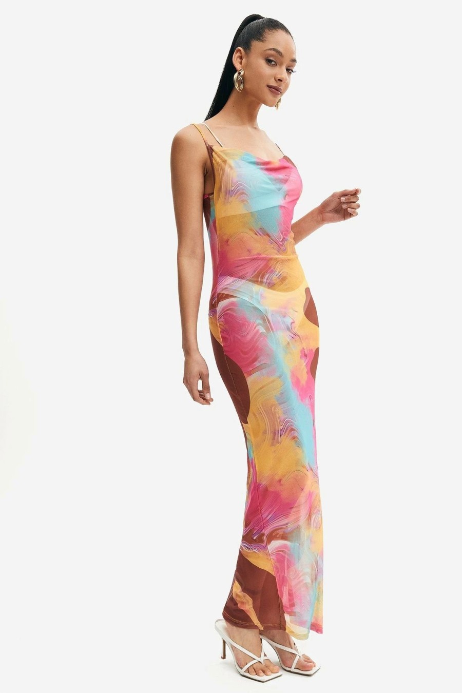 Hot * Solado Cowl Neck Abstract Print Mesh Maxi Dress Without Underwear Pink