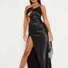 Hot * Solado Satin One Shoulder Cut Out Split Hem Maxi Dress Black