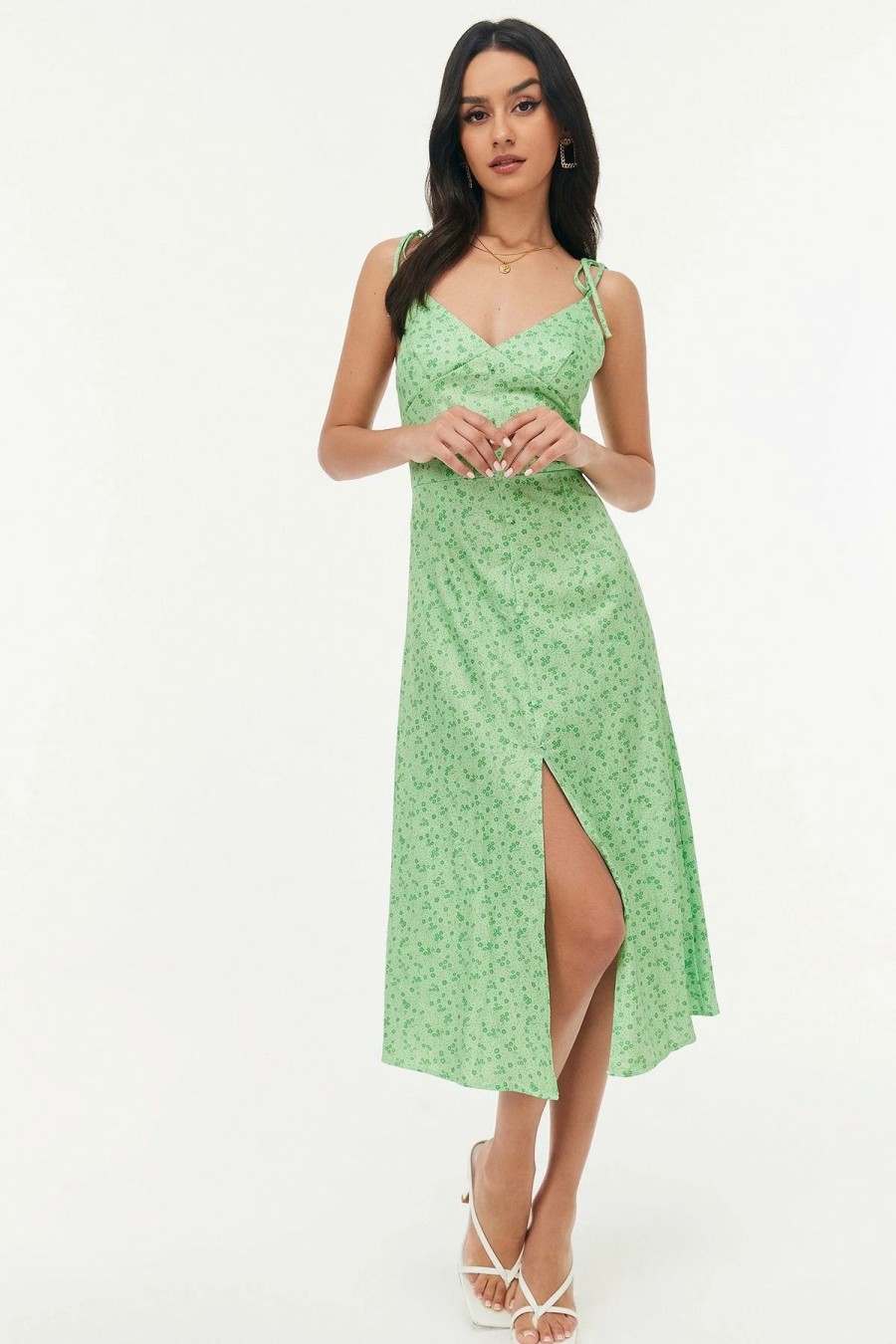 Clearance * Solado Floral Print Tie Strap Split Hem Midi Dress Lightgreen