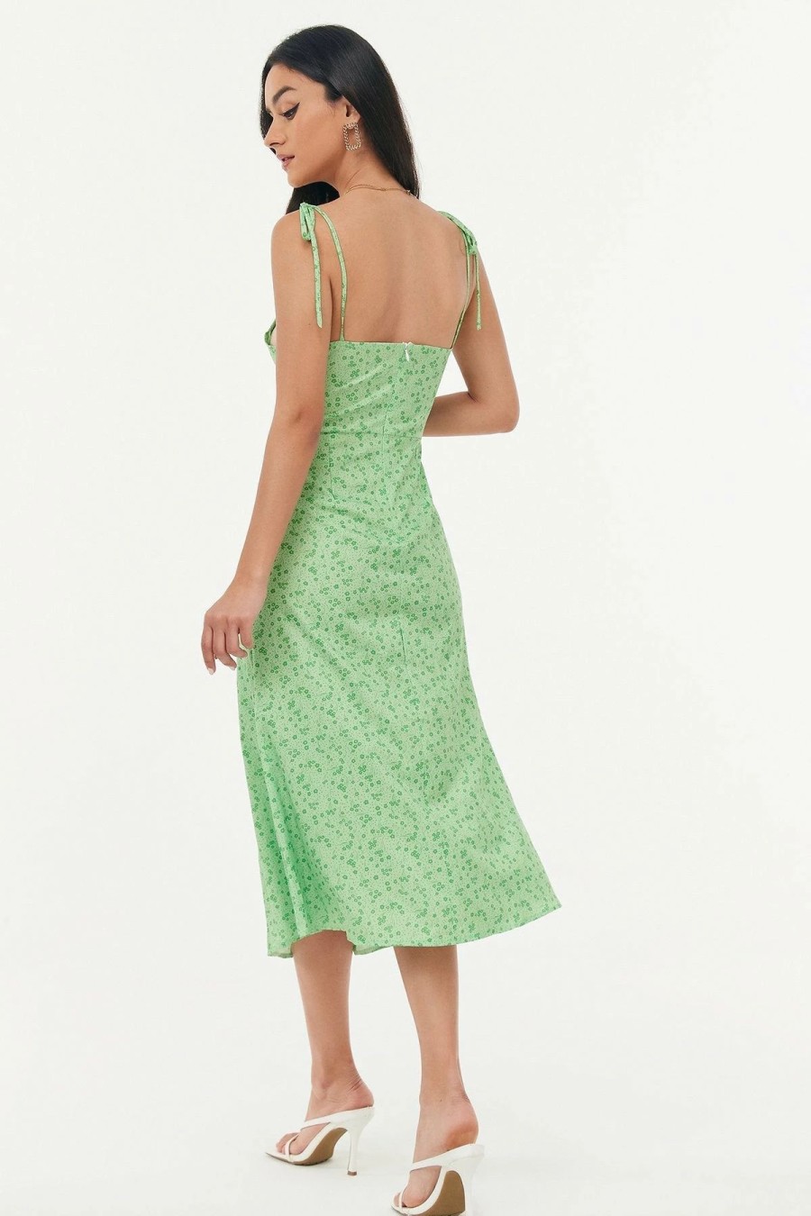 Clearance * Solado Floral Print Tie Strap Split Hem Midi Dress Lightgreen