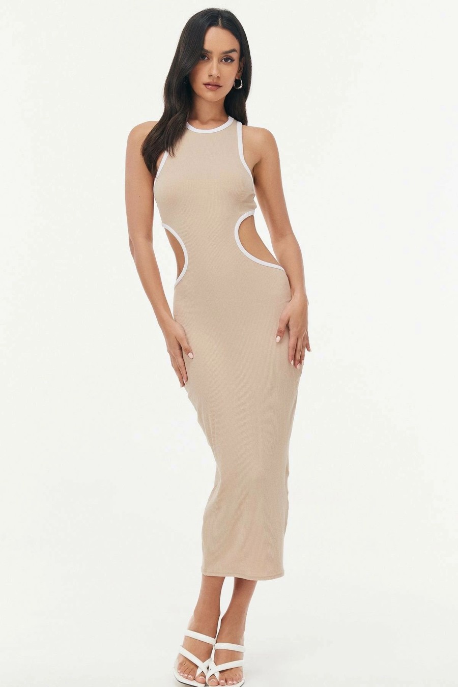 Online * Solado Colorblock Trim Cut Out Ribbed Maxi Dress Wheat