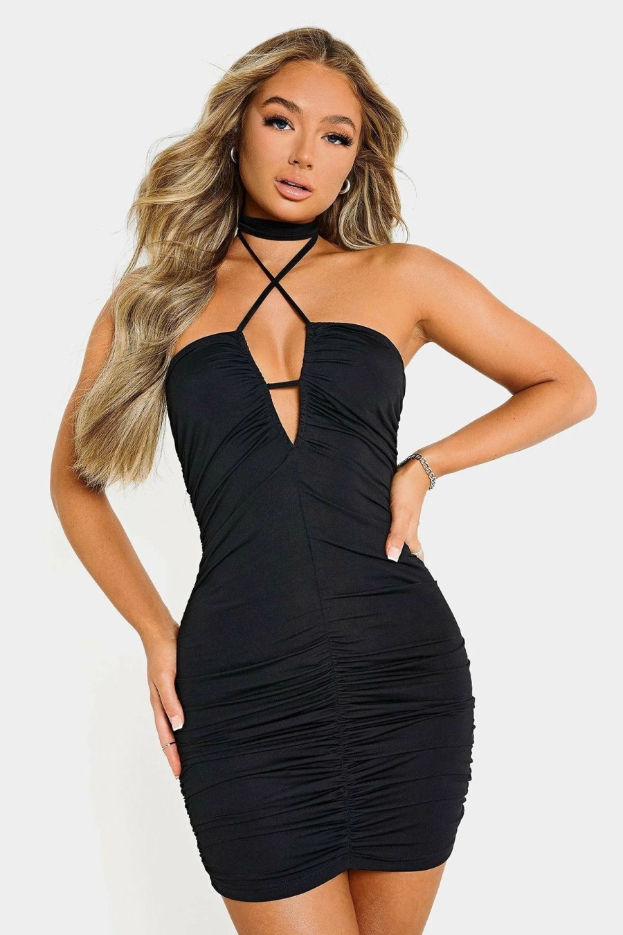 Online * Solado Plunging Neck Ruched Bodycon Mini Dress Black