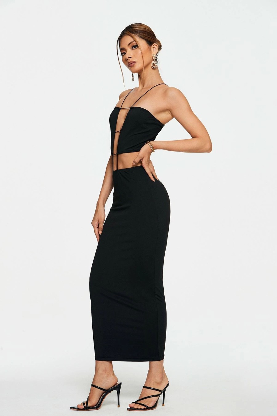 New * Solado Cut Out Solid Backless Maxi Dress Black