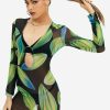 Clearance * Solado Abstract Print O-Ring Front Mesh Mini Dress Without Underwear Green