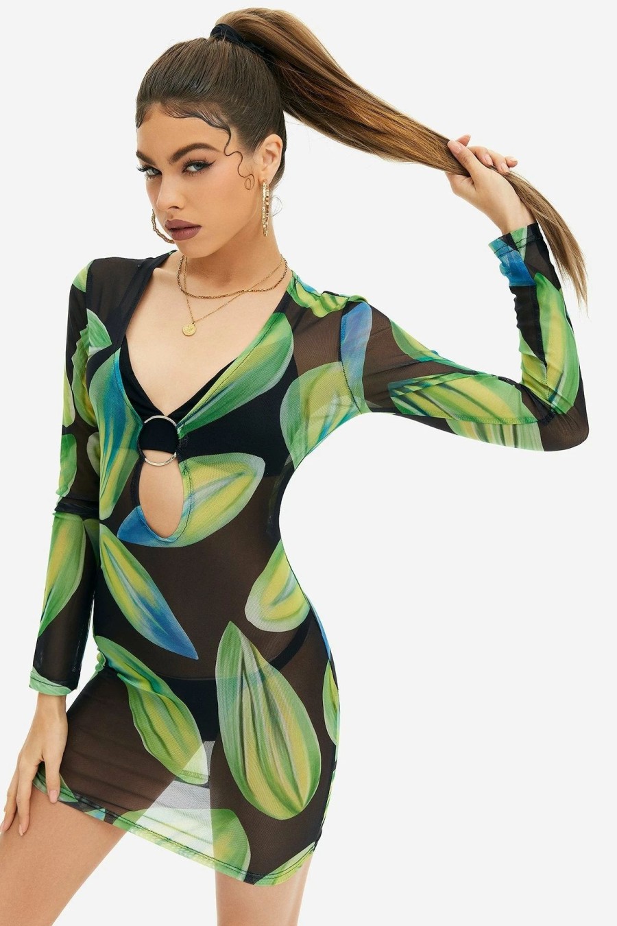 Clearance * Solado Abstract Print O-Ring Front Mesh Mini Dress Without Underwear Green