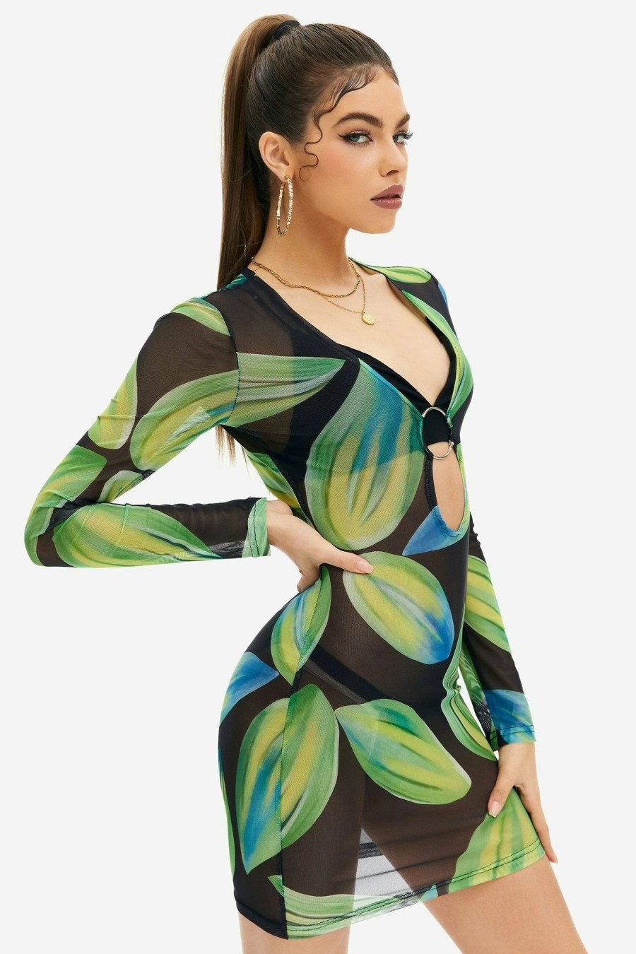 Clearance * Solado Abstract Print O-Ring Front Mesh Mini Dress Without Underwear Green