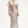 Best * Solado Satin Plunging Neck Tie Front Maxi Dress Lightgray