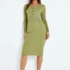 Clearance * Solado Button Front Knitted Long Sleeve Bodycon Midi Dress Yellowgreen