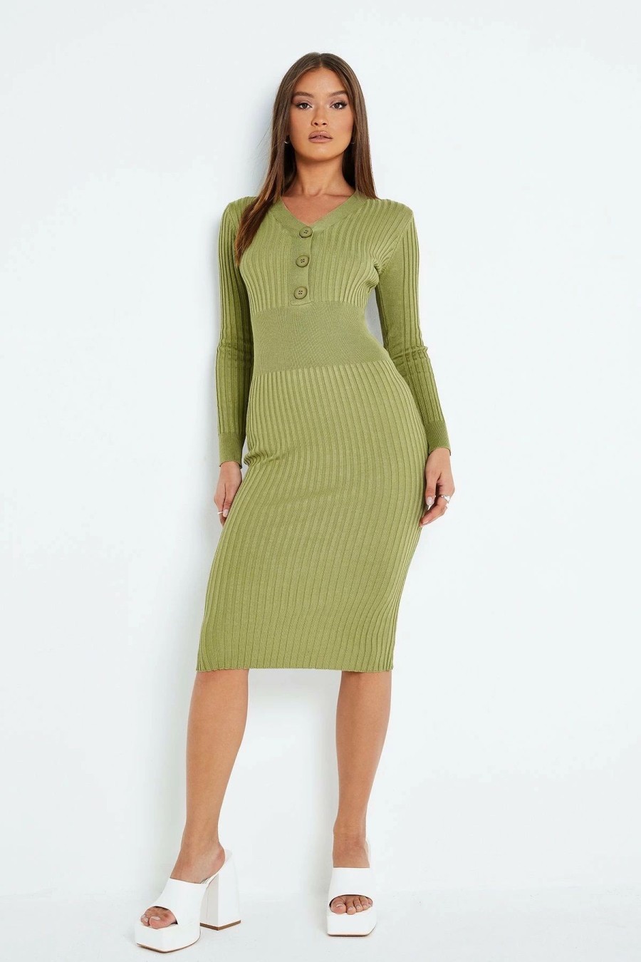 Clearance * Solado Button Front Knitted Long Sleeve Bodycon Midi Dress Yellowgreen