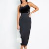 Hot * Solado Velvet Split Hem Lace Splicing Midi Dress Black