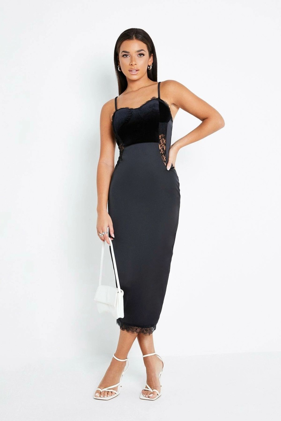 Hot * Solado Velvet Split Hem Lace Splicing Midi Dress Black