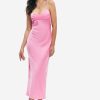 Hot * Solado Satin Draped Split Hem Backless Midi Dress Pink