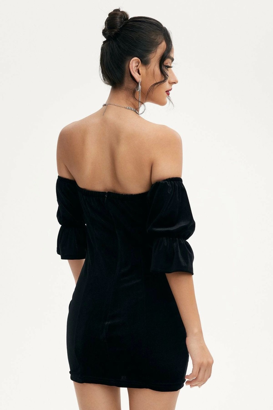 Hot * Solado Velvet Off Shoulder Backless Mini Dress Without Necklace Black